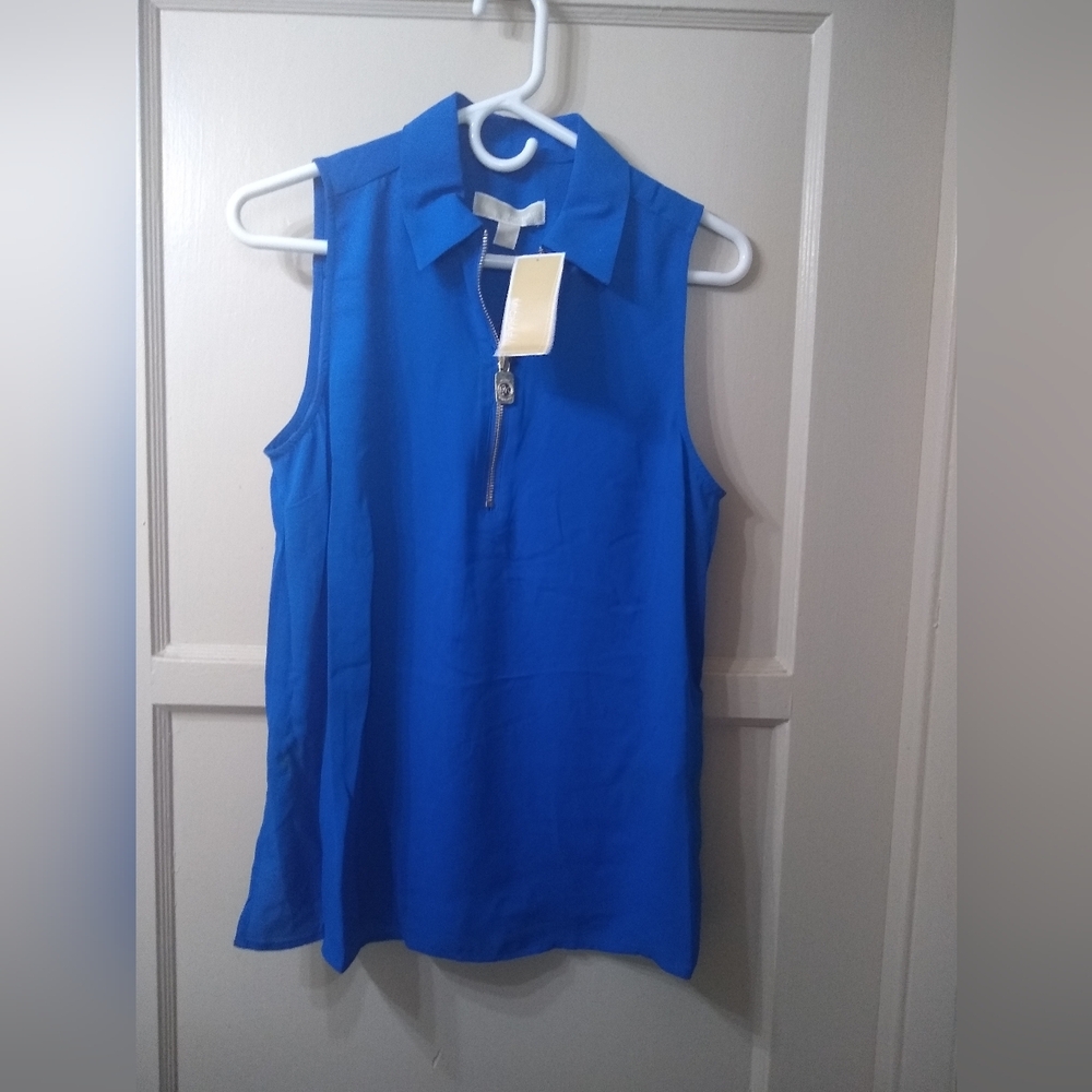 NWT Michael Kors Sleeveless Zipper Polo Collar Blouse Women Small S Royal Blue